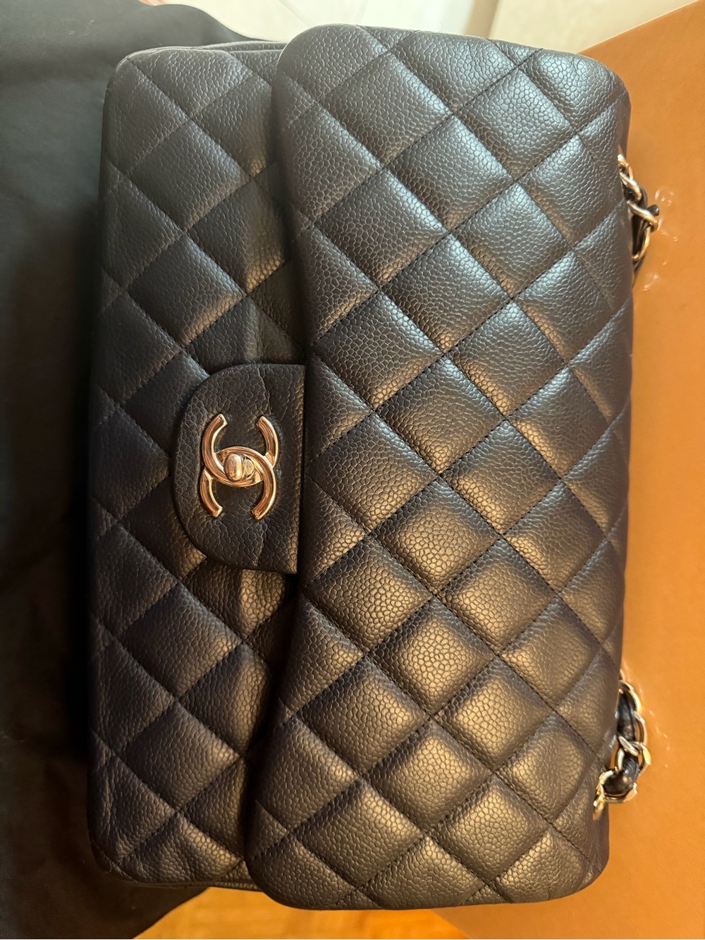 CHANEL CC Navy Caviar Double Flap Shoulder Bag with Rare Silver-Tone Hardware